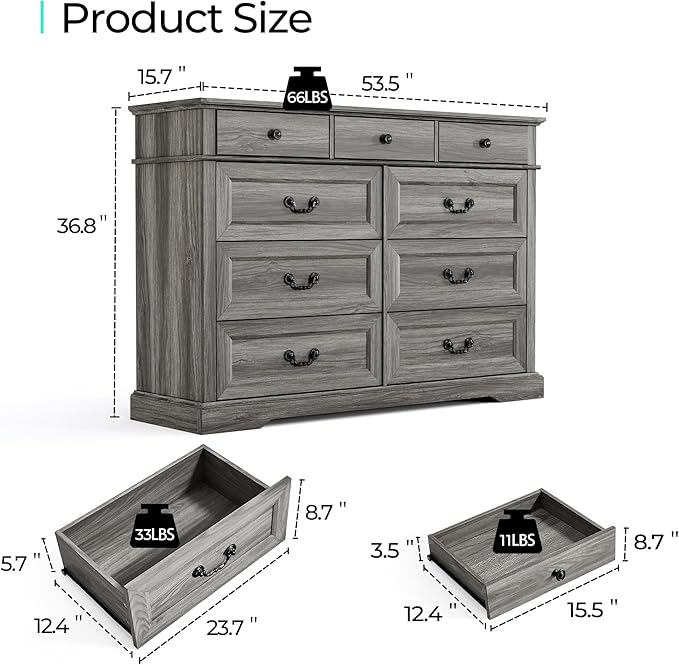 LINSY HOME Farmhouse 9-Drawer Dresser - Grey Chest of Drawers for Bedroom and Living Room Organization, Wood Dresser with Ample Storage Space and Rustic Charm, Grey