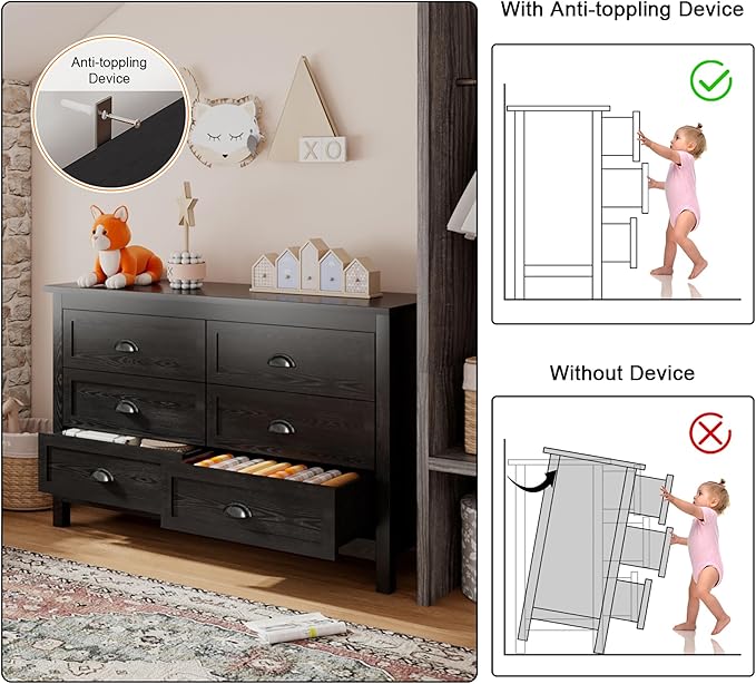 Wananlanen® Farmhouse Dresser for Bedroom, Antique Double Dresser & Chest of Drawer with Vintage Handle and Storage, Wooden Tall Rustic Organizer for Bedroom