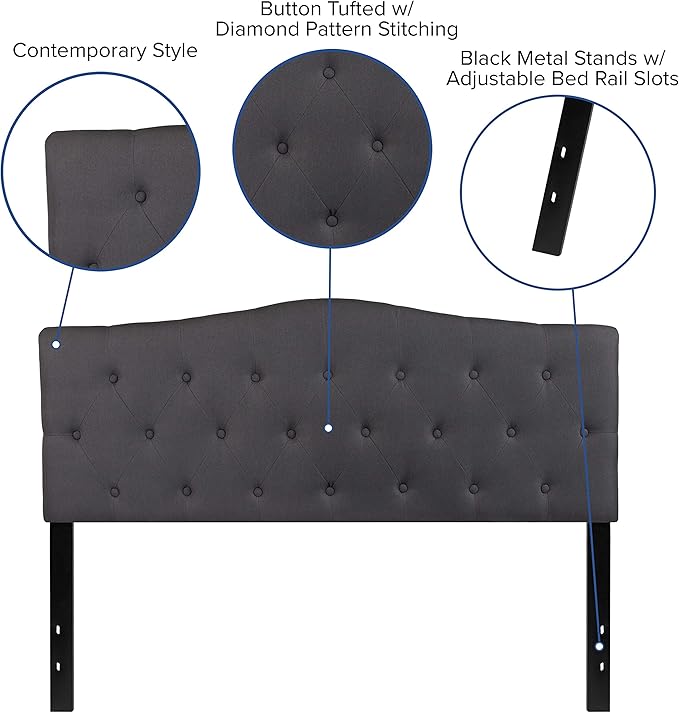 EMMA + OLIVER Arched Button Tufted Queen Size Headboard in Dark Gray Fabric