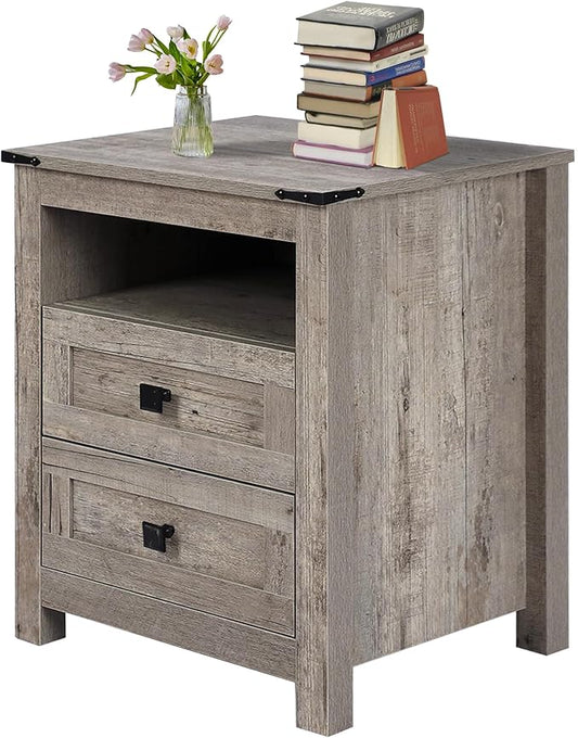 Nightstand with 2 Drawers, Wooden Night Stands, Grey Bedside Table Side Table for Bedroom Storage Cabinet End Table for Bedroom, Rustic Grey, Nightstand