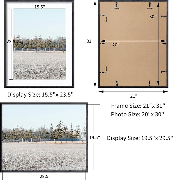 Axeman 20x30 Picture Frame with Mat for 16x24, Solid Oak Wood Poster Frame with Tempered Glass, Wooden 20''x30'' Minimalist Photo Frame with Wall Hooks Puzzle Frame, Set of 2, Black