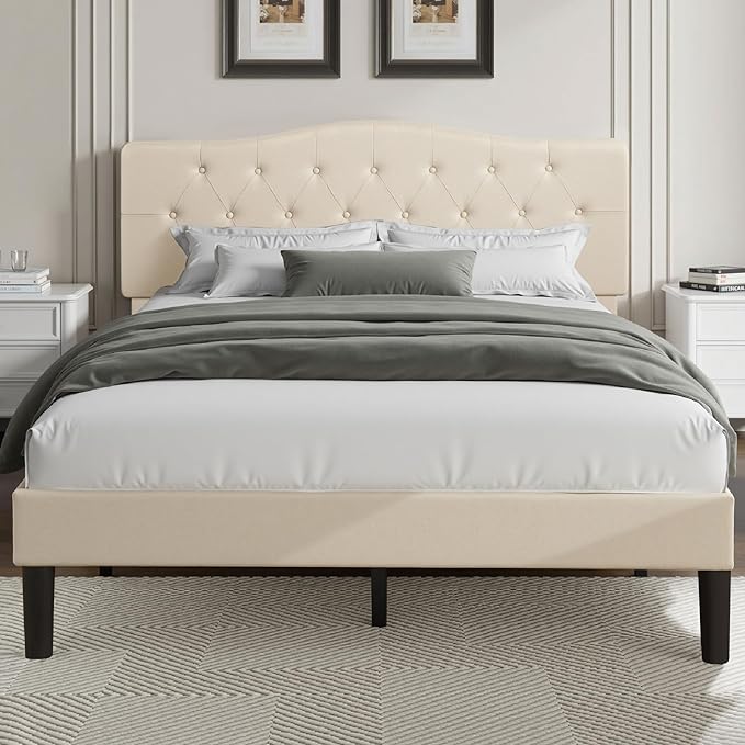 VECELO Full Size Platform Bed Frame with Fabric Upholstered Headboard and Wooden Slats Support, No Box Spring Needed/Easy Assembly,Beige