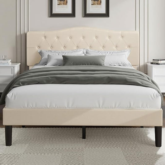VECELO Full Size Platform Bed Frame with Fabric Upholstered Headboard and Wooden Slats Support, No Box Spring Needed/Easy Assembly,Beige