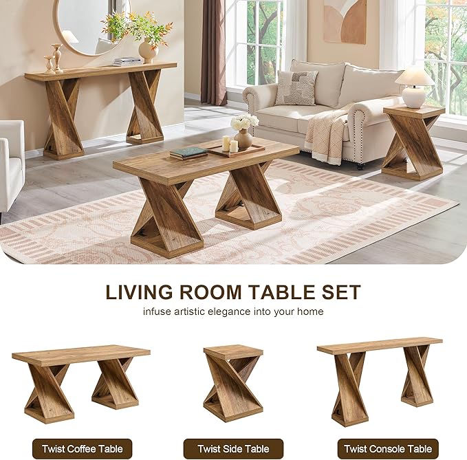 OKD Modern Coffee Table, 48" Twisted Center Table with Wood Thickened Pedestal, Rectangular Rustic Living Room Table, Farmhouse Storage Low Cocktail Tea Table,Golden Rustic Barnwood