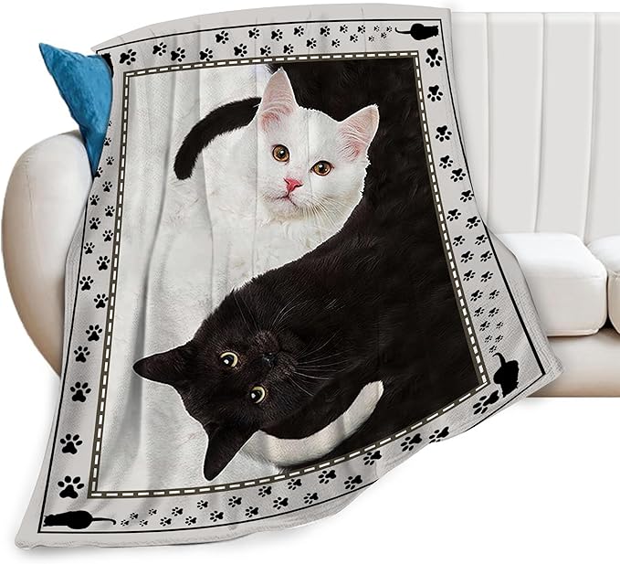 Cat Blanket Black and White Throw Blanket Soft Fleece Flannel Bedding Cats Gifts for Men Boys Women Girls Lovers Adults Stuff Plush for Couch Sofa Bed Room Decor 60"X80"
