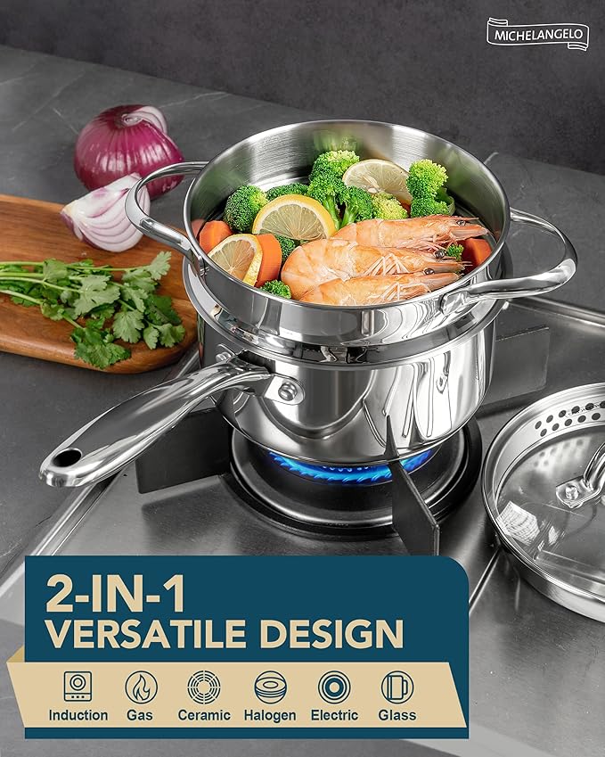 MICHELANGELO Stainless Steel Sauce Pot Set with Steamer 5Pcs, 18/10 Saucepan Set with Pour Spout & Strainer Glass Lids, Sauce pan with Triply Bottom Induction Compatible - 1QT & 2QT
