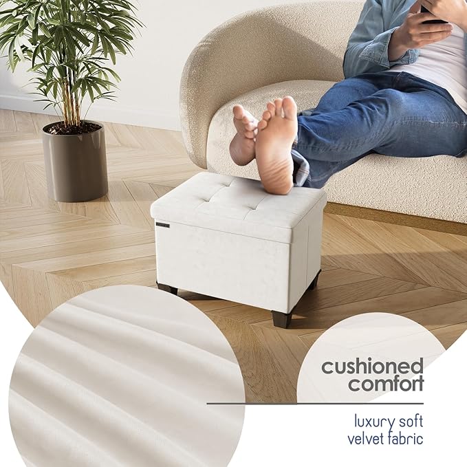 STORAGEBUD Storage Ottoman Cube with Small Bin, 16-in Square Ottoman with Storage for Living Room and Bedroom, Small Ottomans Foot Rest, Velvet Foot Stools Ottomans Max 330lbs, Cream