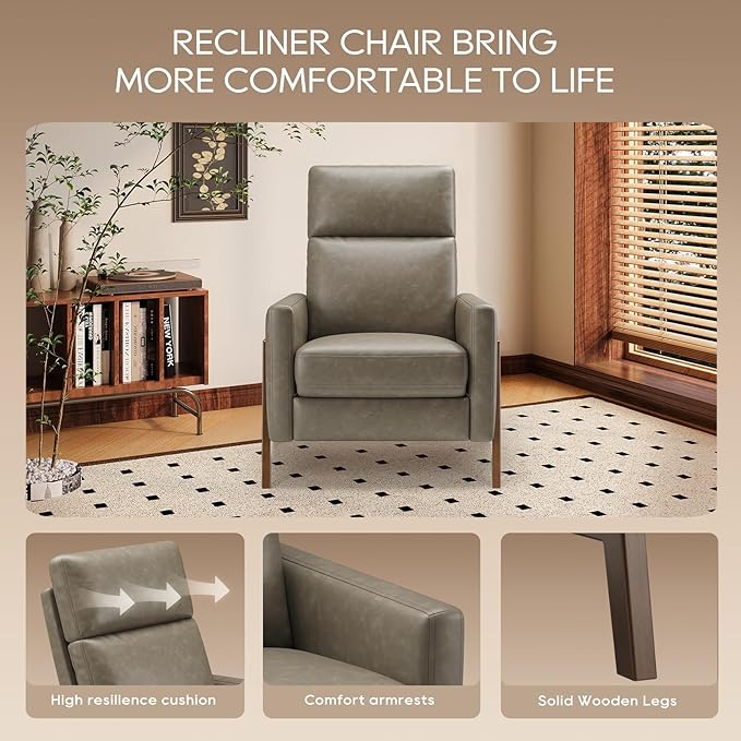 COLAMY Push Back Recliner Chair,Mid Century Modern Wingback Chair, Comfy Armchair PU Leather Living Room Chairs with Wood Legs Reclining Chair Adjustable, Grey