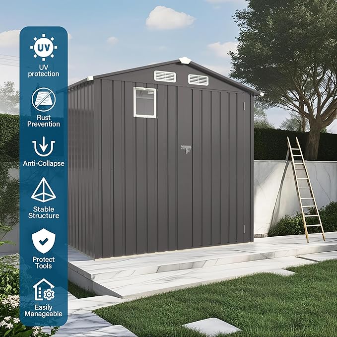 6 x 4 FT Outdoor Storage Metal Shed, Bike Garden Tool Shed with Slooping Roof, Lockable Doors and Aluminum Frames, Shed Easy to Assemble for Garden, Patio, Lawn, Black