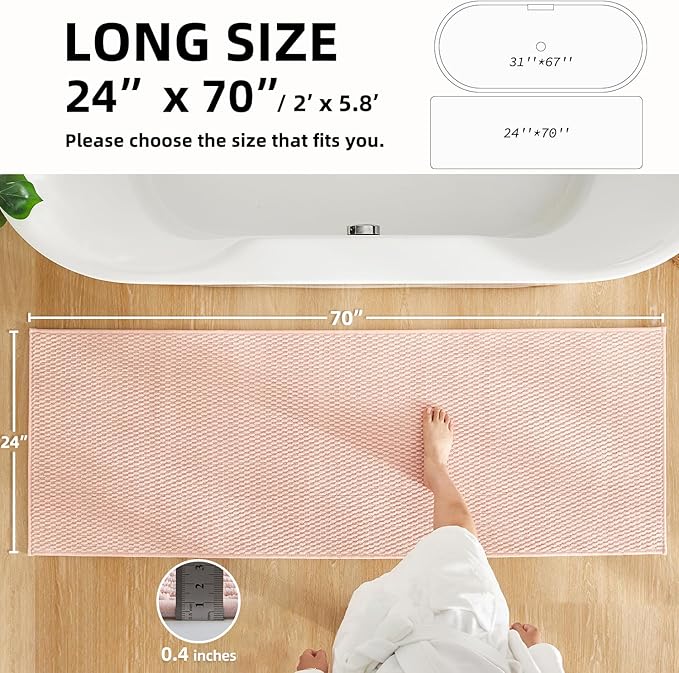 Non Slip Washable Chenille Bathroom Runner Rug - Super Absorbent Long Bath Mat, Pink 24"x70"