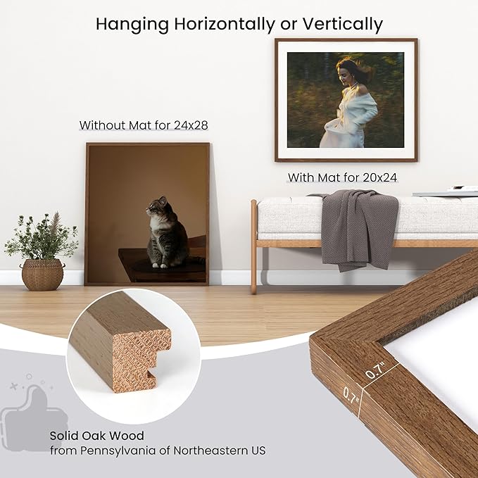 Axeman 24x28 Frame | Solid Oak Wood 24x28 Frame With Mat for 20x24 | 24x28 Picture Frame Wood Poster Frame | Tempered Glass and Hanging Hardware Included Home Wall Decor Art Hanging Frame | Walnut