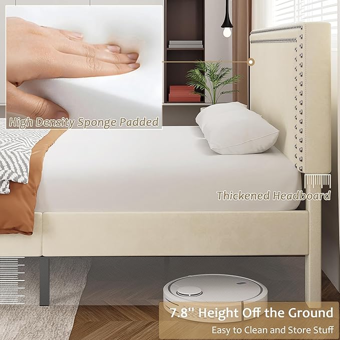 VECELO Full Size Bed Frame with Adjustable Upholstered Headboard, Wooden Slats Platform, Noise-Free Design, Easy Assembly