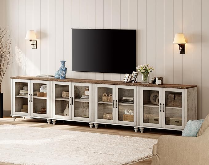 WAMPAT Farmhouse TV Stand for 100 Inch TV, Glass Door Universal TV Stand with 4 Storage Cabinets, Entertainment Center for 75/80/85/90 Inch TV, Console Table for Living Room, Bedroom, Rustic White