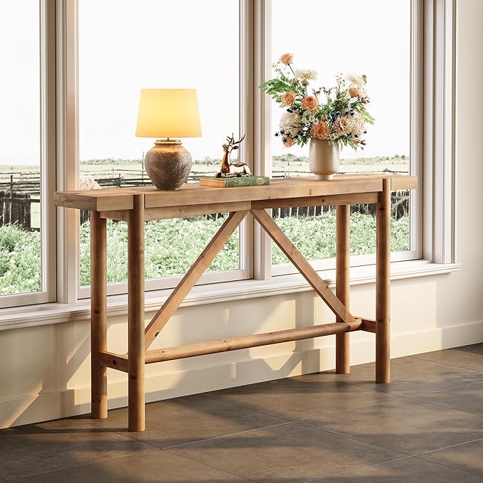 Solid Wood Console Table for Entryway, 63" Long Farmhouse Entryway Sofa Table for Living Room, Wooden Narrow Console for Hallway, Foyer, Entrance (Rustic Brown)