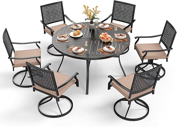 PHI VILLA 7 Pieces Outdoor Round Dining Set for 6, Large Wrought Iron Dining Table with Umbrella Hole & Swivel Metal Chairs with Cushions, Dining Furniture Set for Patio, Deck, Yard, Porch