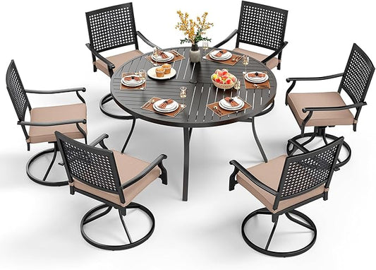 PHI VILLA 7 Pieces Outdoor Round Dining Set for 6, Large Wrought Iron Dining Table with Umbrella Hole & Swivel Metal Chairs with Cushions, Dining Furniture Set for Patio, Deck, Yard, Porch