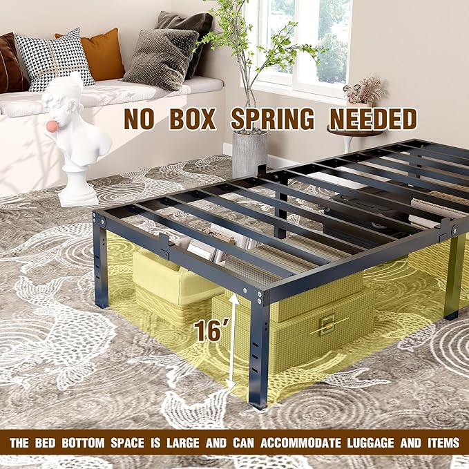 16 inch Twin Bed Frame with Headboard Hole,Metal Twin Size Bed Frame no Box Spring Needed with Storage Space Under Bed,Max 3900lbs Heavy Duty Steel Slats Noise-Free