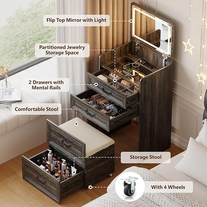 Farmhouse 3 in 1 Vanity with Flip Top Mirror, LED Small Makeup Desk with 2 Sockets USB, Compact Vanity with Glass Desktop, Storage and Cushioned Stool with Wheels,3 Drawers, for Bedroom