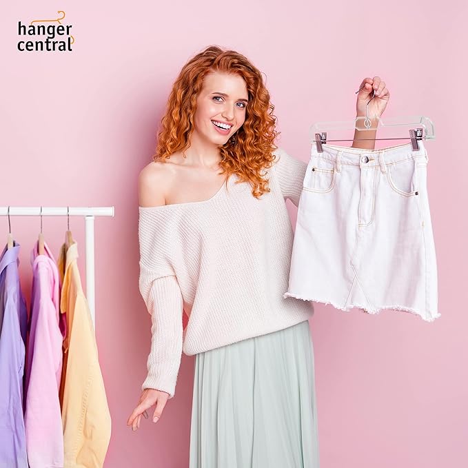 Hanger Central Premium 14 Inch Clear Pants Hangers with Adjustable Clips - 25 Pack Space-Saving Skirt Hangers - Non-Slip Heavy Duty Plastic Closet Organizers with 360° Swivel Hook