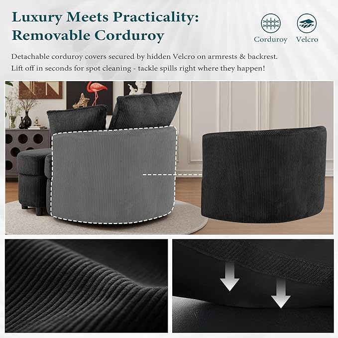 Swivel Accent Chair with Ottoman Comfy Reading Chairs for Bedroom Modern Corduroy Arm Chair 360°Swivel Barrel Chairs for Living Room,Apartment (Black, 1)
