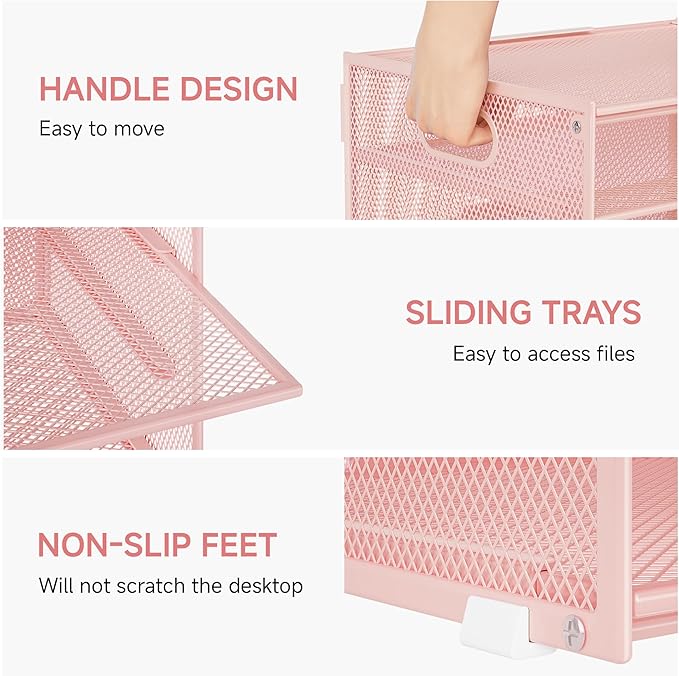 Lavatino 3-Tier Letter Tray Desk Organizer, Mesh Metal Paper File Tray Organizer for Desk, Office Supplies & Home Organization, Fits A4 Paper, Mail, Magazines & Office Accessories (Pink with Handle)