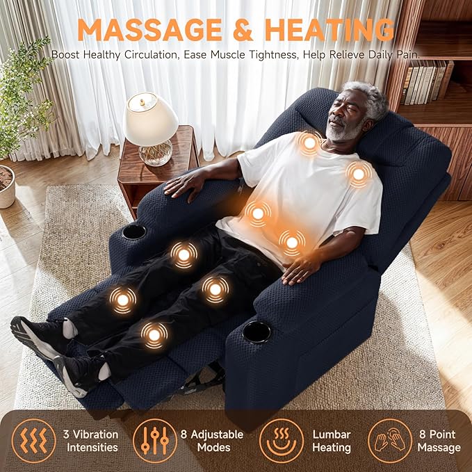 Triple Motor Large-Wide Power Lift Recliner Chair with Power Headrest for Big and Tall Elderly, Infinite Position, Massage Heat, Extend Footrest, USB, Cup Holder, Plush Flannel, Blue