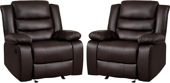 PrimeZone Oversized Rocker Recliner Chair - Comfy Wide Lazy Boy Recliner Chair with Overstuffed Armrest, Faux Leather Manual Reclining Chairs for Living Room, Bedroom, Home Theater, Brown Set of 2
