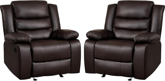 PrimeZone Oversized Rocker Recliner Chair - Comfy Wide Lazy Boy Recliner Chair with Overstuffed Armrest, Faux Leather Manual Reclining Chairs for Living Room, Bedroom, Home Theater, Brown Set of 2