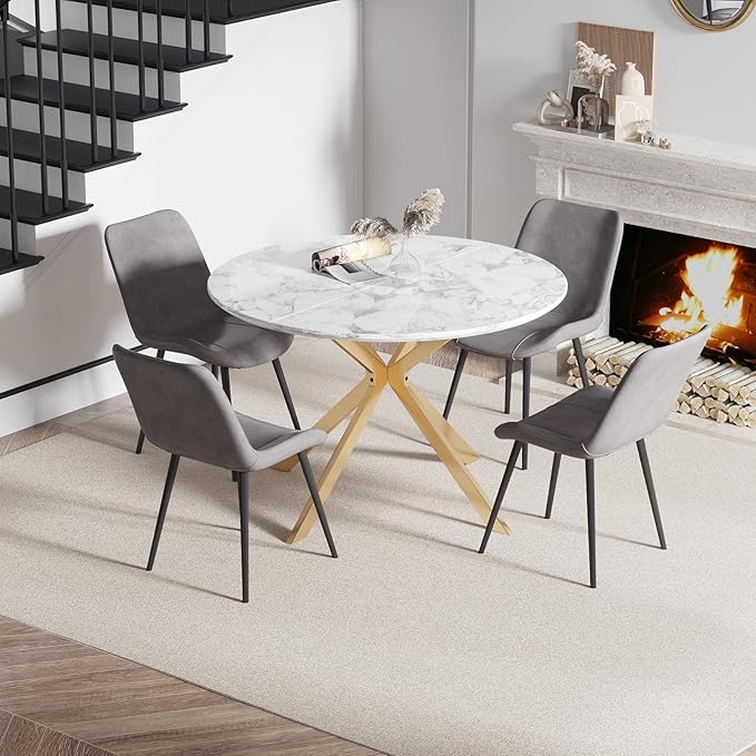 46.4" Round Dining Table Set with 4 Chairs, Modern Dining Set with Comfortable PU Leather Chairs, Sturdy MDF Table with X-Shaped Base, Easy Assembly, Ideal for Dining Room or Kitchen