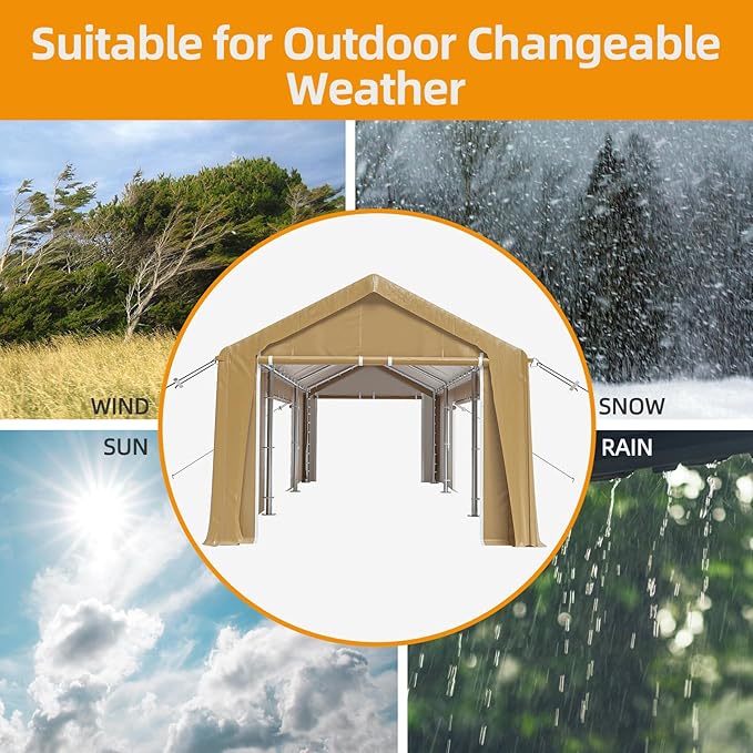 10x20ft Heavy Duty Carport Outdoor Canopy Portable Garage with 4 Doors & 4 Windows Waterproof UV Resistant Storage Shelter with Removable Sidewalls for Car Truck Boat, Earthy Yellow