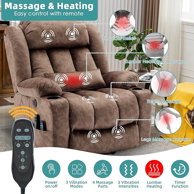 MEETWARM Oversized Dual Motor Lay Flat Power Lift Recliner Chair for Big Man with Heat Massage, Large Sleeping Electric Recliner with Extended Footrest, Lumbar Pillow, USB & Type-C Ports, Plush-Brown