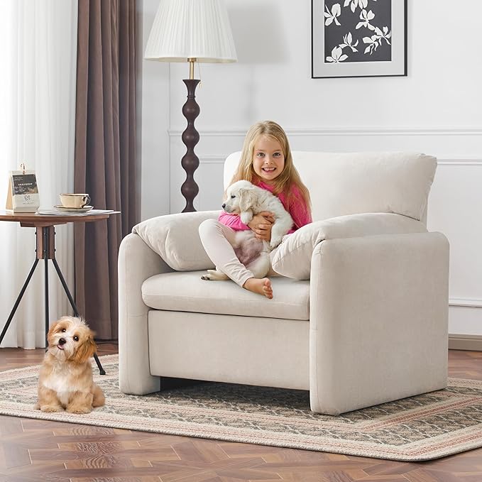 MELLCOM 39" Modern Chenille Oversized Armchair, Wide Accent Chair Set of 2, Mid Century Single Sofa Chairs, Comfy Upholstered Reading Chair for Living Room, Bedroom, and Apartment (Beige)