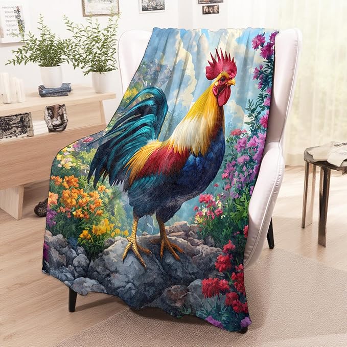 Majestic Rooster Blanket, Cozy Flannel Vibrant Rustic Chicken Throw Blanket for Couch Outdoor, Plush Soft Lightweight Travel Blankets for Bed Decor and Gifts, for Women Kids Adults 60"x80"