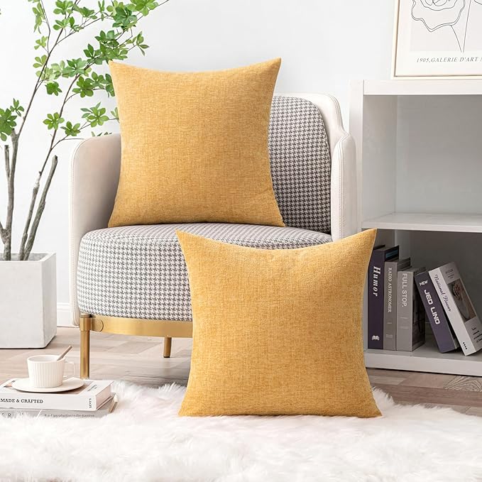 MIULEE Pack of 2 Couch Throw Pillow Covers 20x20 Inch Soft Beige Yellow Chenille Pillow Covers for Sofa Living Room Solid Dyed Pillow Cases