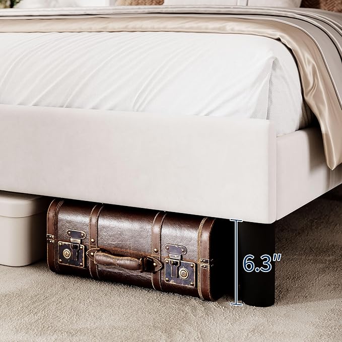 IDEALHOUSE Full Size Velvet Bed Frame/Vertical Channel Tufted Wingback Headboard/Upholstered Platform Bed/Wood Slats/No Box Spring Needed/Easy Assembly/White