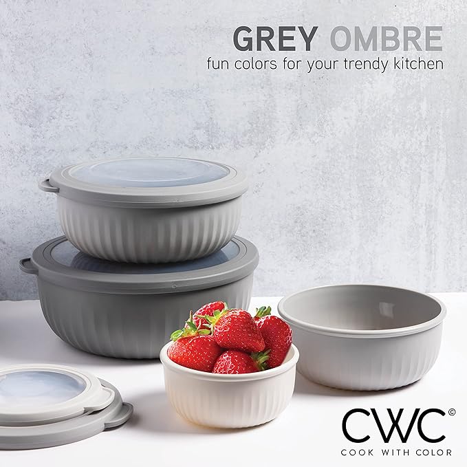 COOK WITH COLOR Prep Bowls with Lids- Wide and Deep Nesting Plastic Small Mixing Bowl Set with Lids, 8 Piece Set - Wide Bowls, Gray