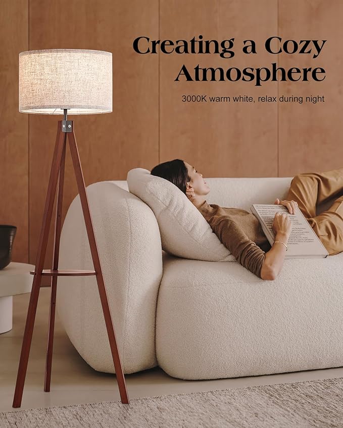 ELYONA Tripod Floor Lamp with Shelves, 3 Color Temperatures LED Modern Wood Table Reading Standing Light, Wooden Shelf Floor Lamp for Farmhouse Living Room Bedroom Office Nature Linen Shade,Brown