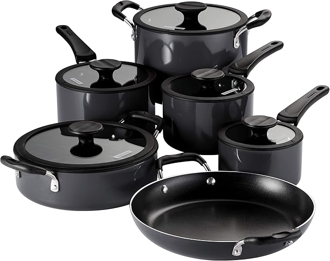Tramontina Aluminum Non Stick 11-Piece Nesting Pots and Pans Set with Lids - Gray, Kitchen Nonstick Cookware Set, Dishwasher and Oven Safe