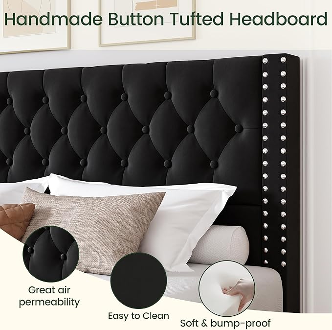 King Size Bed Frame with 4 Storage Drawers and Tufted Headboard Linen Upholstered Platform Bed Frame with Heavy Duty Wood Slats, No Box Spring Needed, Easy Assembly,Black