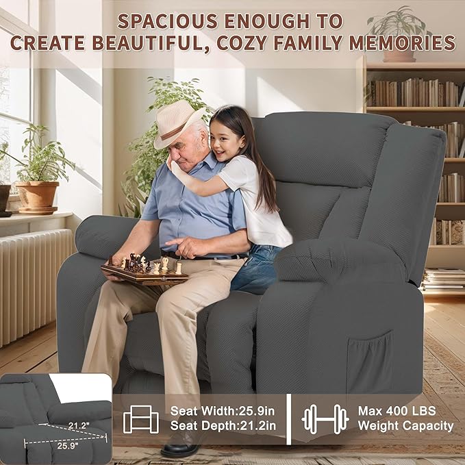 Oversized Dual Motor Power Lift Recliner for Adults, Electric Lift Chair with Heating and Massage, Waffle Fabric Electric Recliner Chair with Side Pockets, Wide Recliner for Living Room