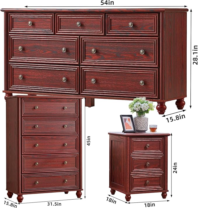 Farmhouse Dressers & Night Stand Set of 3, Wood 54" Wide Dresser & 45" Tall Chest of Drawers, 18" Roman Column Nightstand, Bedroom Furniture 7 Drawer Dresser Set for Bedroom Home Living Room Hallway