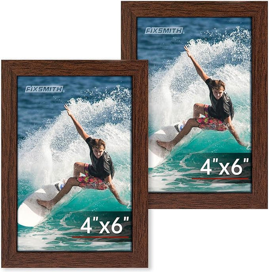 FIXSMITH 4x6 Picture Frame Set of 2, Photo Frame 4x6 with HD Plexiglass, Brown Picture Frames Collage for Tabletop or Wall Display