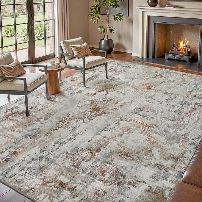 tchdio Area Rug 9x12 Rugs for Living Room- Abstract Soft Living Room Rug-Non Slip Carpet- Washable Rug for Bedroom Dining Room Home Office Modern Rugs Light Grey/Brown/Red
