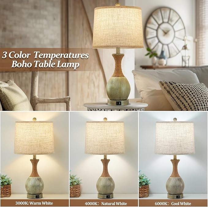 Bedside Table Lamp Set of 2 - Bedroom Table Lamps with 3 Color Temperatures - Boho Rattan Lamps with USB A+C Charging Ports Grey Farmhouse Living Room Lamps for Reading Bulbs Included