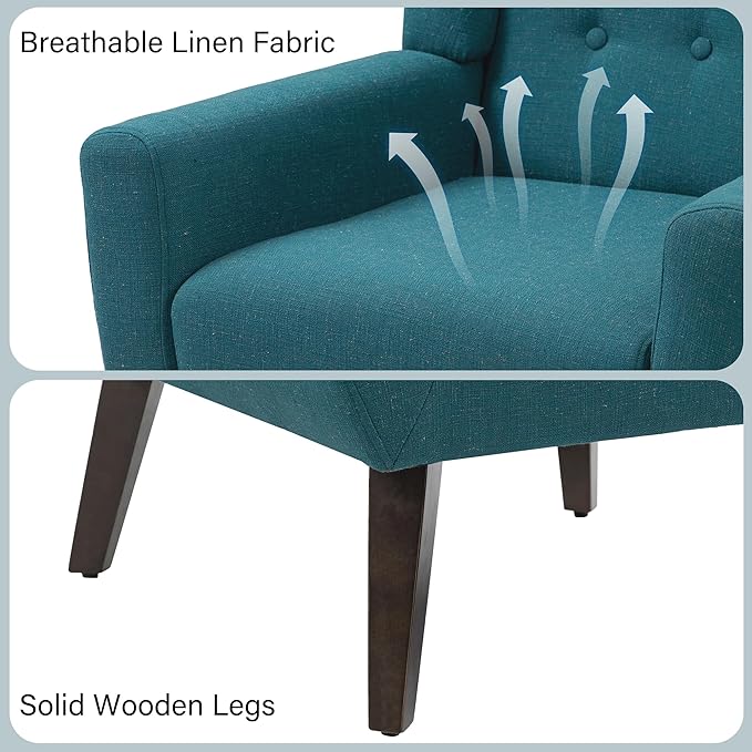 Accent Chair, Mid-Century Modern Fabric Chairs with Arms for Living Room, Comfy Upholstered Club Single Sofa Armchair for Bedroom Waiting Room with Solid Wood Frame (Fabric Turquoise, Set of 1)