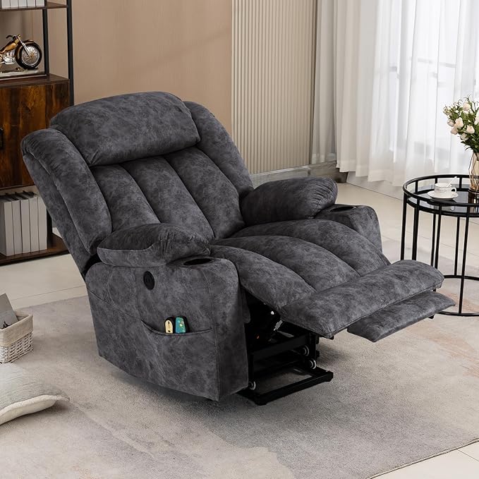 VIVIJASON Tall Man Large Power Lift Recliner Chair with Massage and Heat for Elderly, Overstuffed Wide Electric Lift Recliner w/Extended Footrest, 2 Cup Holder, Side Pockets & USB Ports, Fabric Grey
