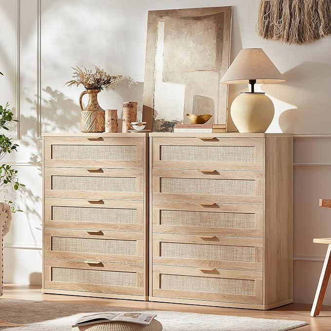 LEYAOYAO Rattan Dresser for Bedroom, 41" Tall Chest of Drawers, Modern 5 Drawers Boho Dressers with Storage, Light Oak Dresser Wooden Closet Organizer for Living Room, Hallway, Natural Wood