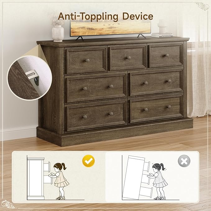 Farmhouse 7 Drawer Dresser for Bedroom, 55" Wide Wood Rustic Chest of Drawers for Bedroom, Storage Dressers Clothes Organizer for Closet, Living Room, Hallway, Dining Room(Rustic Brown)