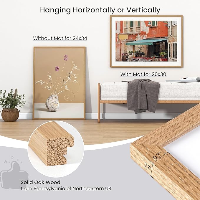 Axeman 24x34 Frame | Solid Oak Wood 24x34 Poster Frame With Mat for 20x30 | 34x24 Wood Picture Frame | Tempered Glass and Hanging Hardware Included Home Wall Decor Art Hanging Frame | Natural