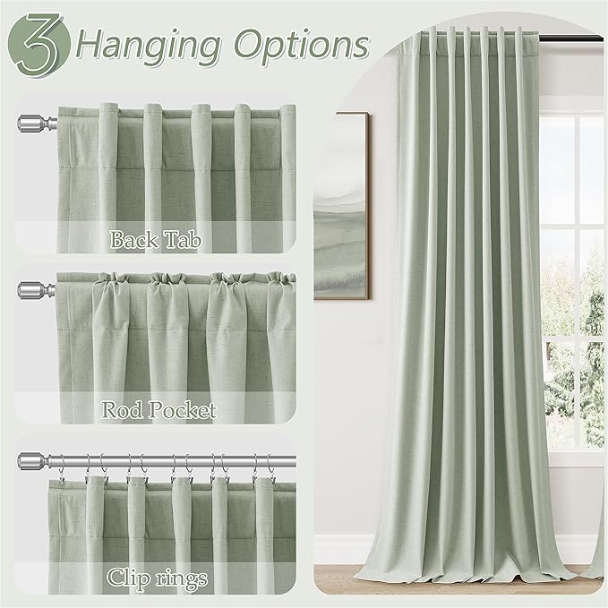 Guken Blackout Curtains 102 Inch Length 2 Panels Set for Living Room Bedroom Back Tab Thermal Insulated 100% Black Out Linen Drapes Room Darkening Window Curtains 102 Inches Long,Mist Sage